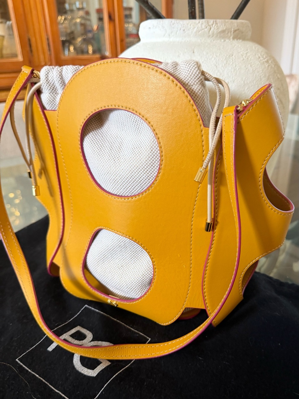 Purificacion Garcia Yellow Leather Drawstring Bucket Shoulder Bag with Pink Trim - Picture 6 of 7